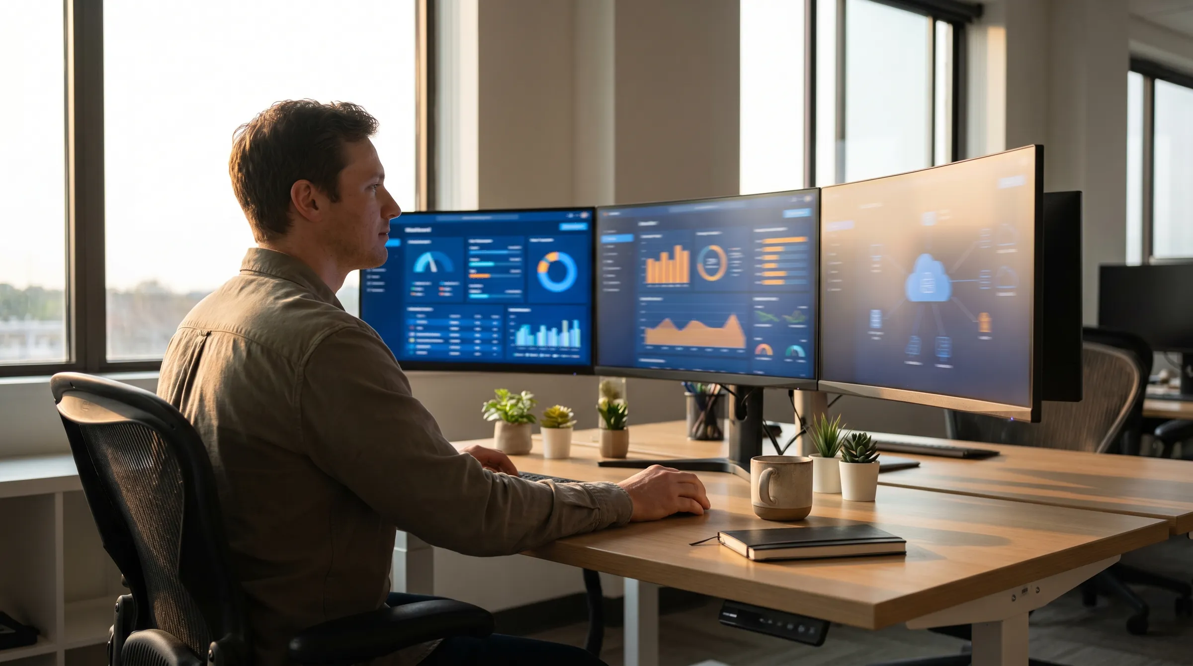 Cloud engineer monitoring AWS and Azure dashboards across three monitors