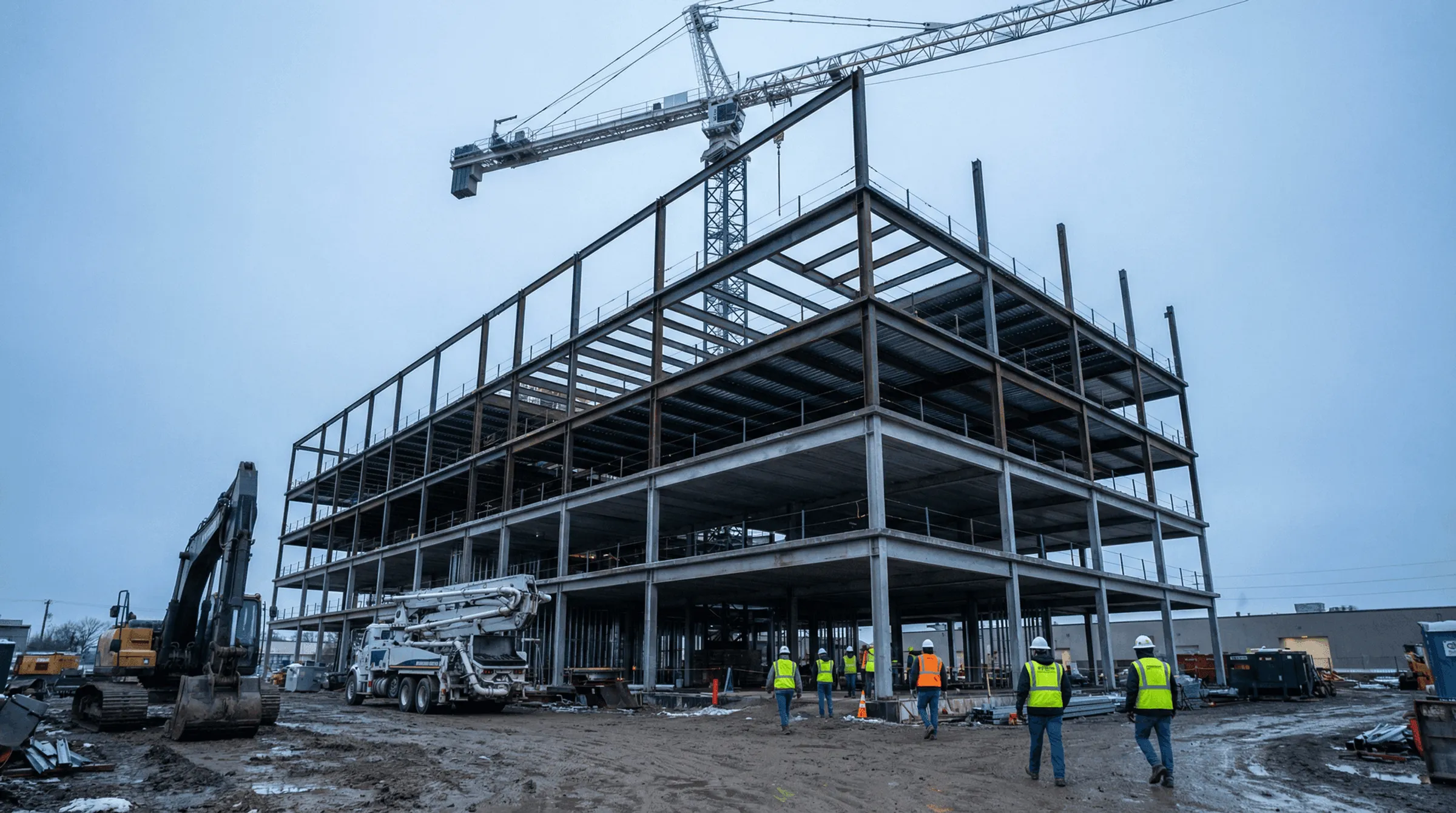 Construction job site with connected devices and field engineering equipment
