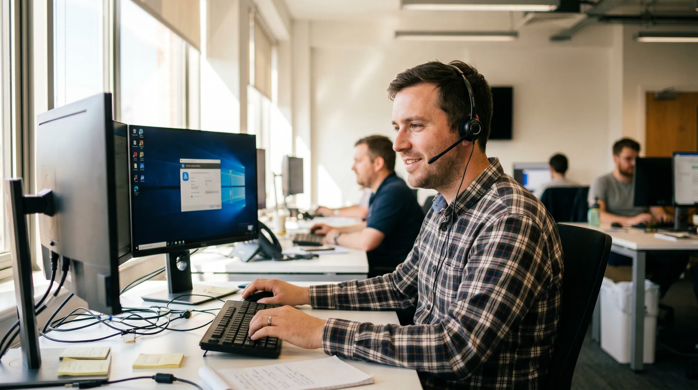 Friendly help desk technician with headset assisting a remote user