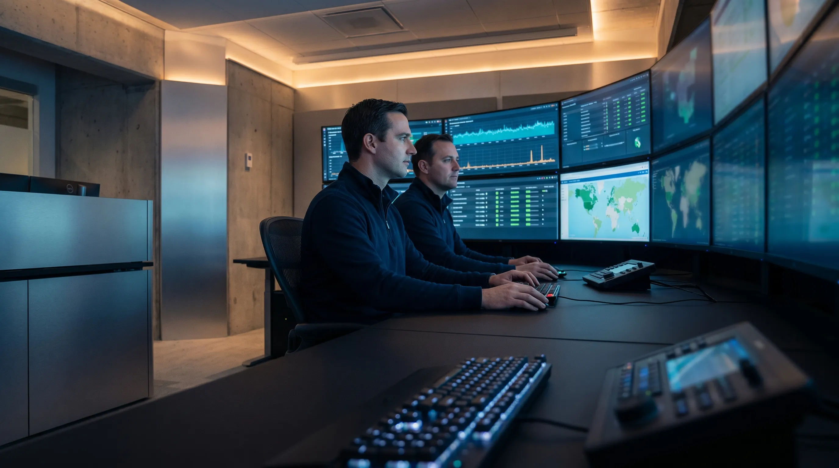 AdVran security operations analysts monitoring California enterprise IT networks and threat-detection dashboards from the company's 24/7 SOC.