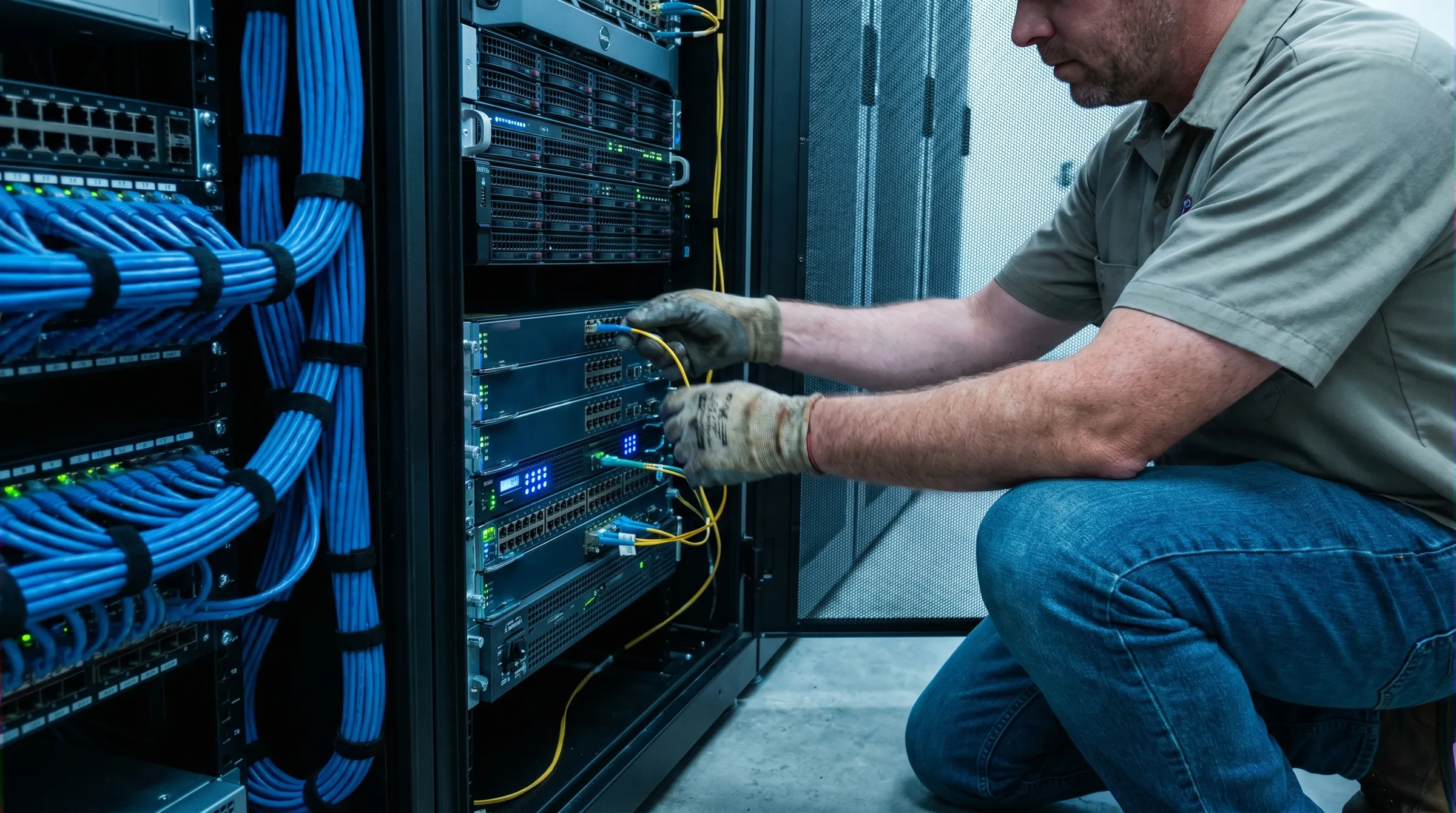 Network engineer patching fiber optic cables in an enterprise rack